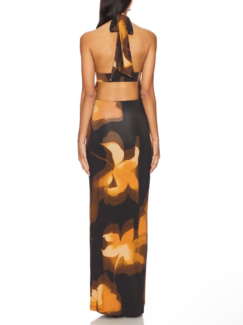 AFRM Genie Halter Maxi Dress in Black & Orange Blur - Picture 2 of 6